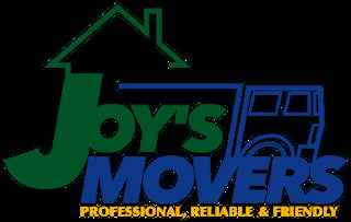 Joys Movers logo featuring a green house outline and blue moving truck with tagline Professional, Reliable and Friendly